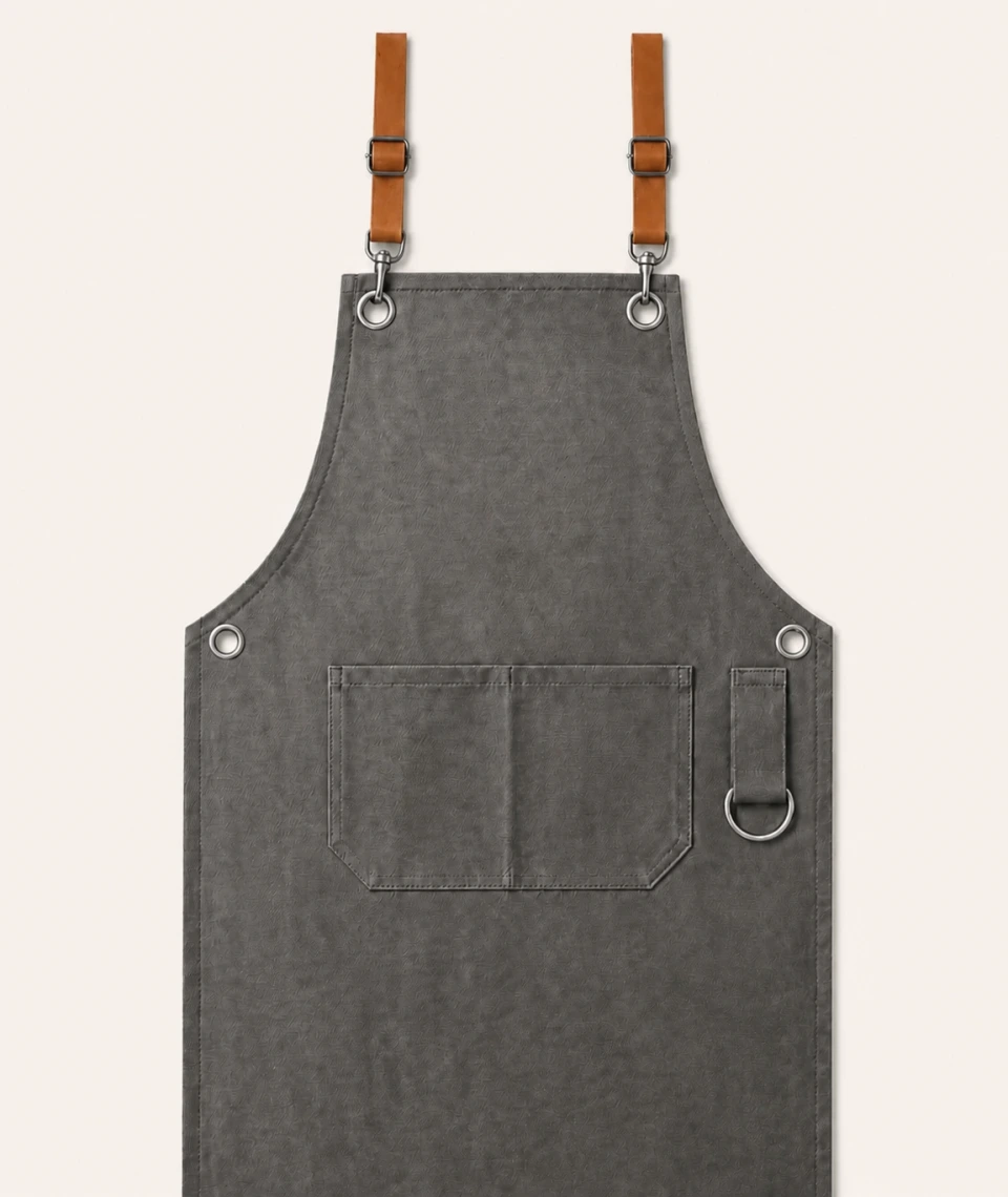 Apron Barista Custom Logo – Bahan Kanvas & Drill, Pilihan Tali Leather atau Webbing